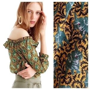 J. Crew Mustard Yellow and Green Elephant Print Ruffle Off The Shoulder Top 2